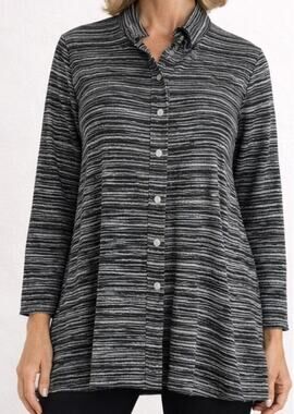 Comfy USA Button Up Tunic Size Medium Black Stripe Knit Mock Neck Lagenlook